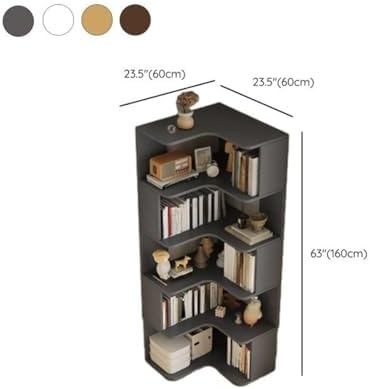 Vertical L-Shape Storage with Open Back 5 Shelves Corner Bookshelf Wood Floor Rack Student Integrated Wall Bookcase Corner Cabinet Multi-layer Storage Cabinet Dark Walnut 24"L x 24"W x 63"H