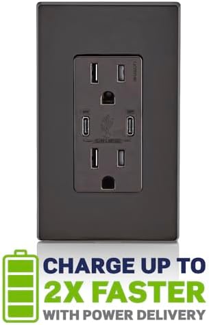 Leviton 30W (6A) USB Dual Type-C/C Power Delivery In-Wall Charger with 15A Tamper-Resistant Outlet, USB Charger for Smartphones, Tablets, Laptops, T5635-B, Brown