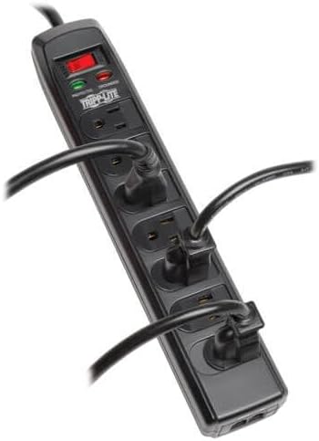 Tripp Lite 7 Right Angle Outlet Surge Protector Power Strip, 6ft. Cord, Right Angle Plug, 1440 Joules, Tel/Modem Protection, Safety Covers, 50K Insurance & (TLP706TELC) Black