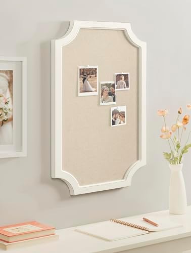 Hogan Framed Scalloped Decorative Wall Pinboard; White; 18 x 30; Rustic Modern Farmhouse Bulletin Board for Wall Organization and Decorative Displays