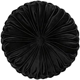 Lush Decor Round Pleated Soft Velvet Decorative Throw Pillow, 1 Count, 15" Diameter, Black - Plush Round Pillow, Seat Cushion, Decorative Pillows for Bed, Couch, Or Chair (Pack of 2)