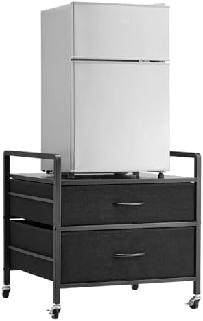 VEVOR Mini Fridge Stand with Storage, 176 lb-Capacity Mini Fridge Table with 2 Drawers & 4 Swivel Wheels, Mobile Mini Fridge Shelf, Black Mini Fridge Organizer for Dorm, Apartment, Office, Bedroom