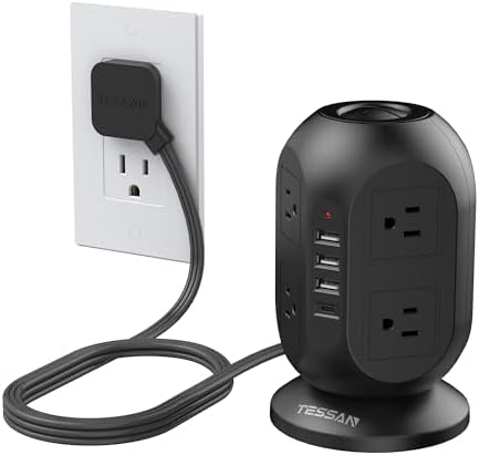 TESSAN Tower Power Strip 10 ft, Long Flat Extension Cord，Multiple Outlets
