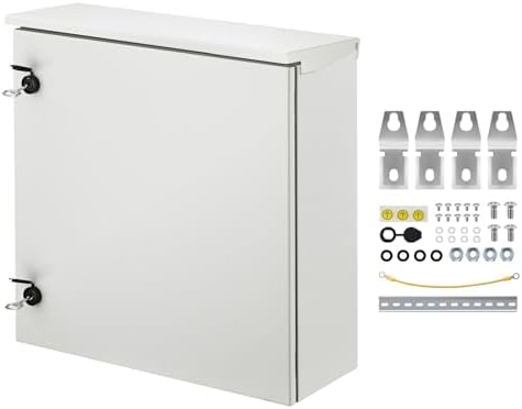 VEVOR Electrical Enclosure, 24'' x 24'' x 8'', NEMA 4 Outdoor Enclosure, IP65 Waterproof & Dustproof Cold-Rolled Carbon Steel Hinged Junction Box for Outdoor Indoor Use, with Rain Hood