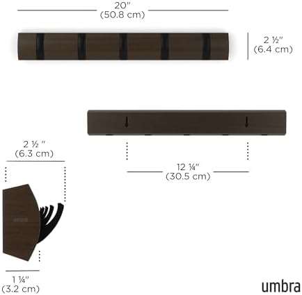 Umbra Flip Coat Rack, Wall Mounted 5-Hook Space Saving, Walnut/Black