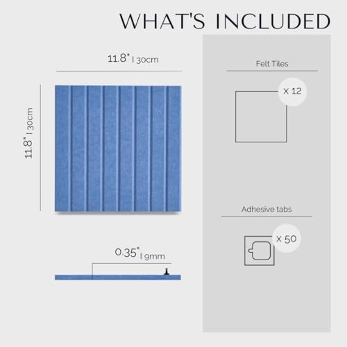 VIVELDA Felt Bulletin Board Tiles 48"x36" -12-Pack Cork Board Alternative, OEKO-TEX Certified, NRC 0.95 Acoustic Wall Panels, Damage-Free Adhesive, Slatted Design, Home Office, Classroom (Pastel Blue)
