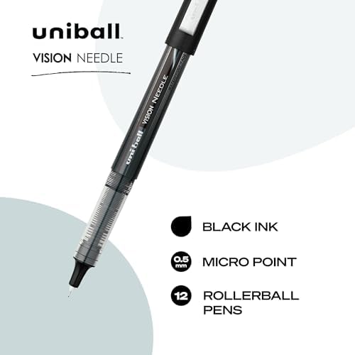 uniball Vision Needle Rollerball Pens, Micro Point (0.5mm), Black, 12 Pack