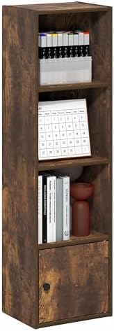 Furinno LUDER Book Shelf, 4-Tier Bookshelf with Open Shelf, Standing Bookcase with 1 Door Cabinet, 9.3 x 12 x 41.8, for Organization and Storage, for Living Room, Bedroom, Home Office, Amber Pine