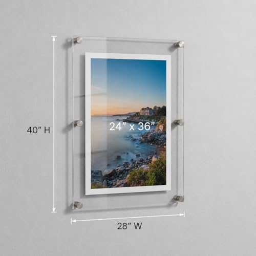 Azar Displays,105536, Floating Acrylic Wall Frame with Silver Hardware Stand Off Caps, Clear Hanging Photo Frame Display Mount with Frameless Border, Glass-Like Frame for Large Prints, 24" x 36"