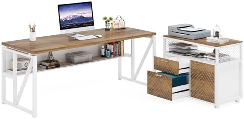 Tribesigns Office Desk with Drawers Sets, 63 inches L Shaped Computer Desk with Mobile File Cabinet,Big Executive Desk for Home Office Furniture Sets (Light Walnut, 63-inch)