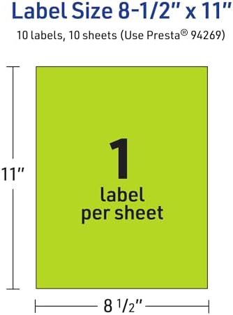 Avery® Printable Sticker Paper, 8-1/2" x 11", Full-Sheet Labels, Bright Green Labels, Laser/Inkjet Printable, 10 Total, Great for Packaging and Stickers
