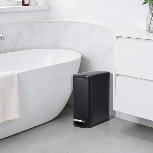 PrecisionAuto Slim Bathroom Trash Can with Soft Close Lid, 10 Liter / 2.6 Gallon Stainless Steel Step Garbage Can with Removable Inner Bucket, Narrow Trash Bin for Toilet Bedroom Kitchen, Black