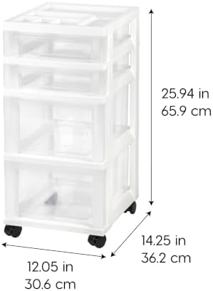 IRIS USA 4-Drawer Rolling Storage Cart, White/Clear