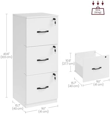 VASAGLE 3 Drawer File Cabinet with Locks, for A4, Letter Sized Documents