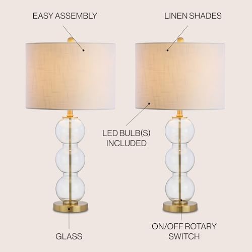JONATHAN Y Bella 27" Glass Table Lamp, Clear/Brass, Set of 2