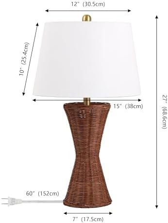 JONATHAN Y Laura Table Lamp 27" Rattan Hourglass, Dark Brown, Set of 2