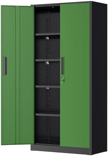Greenvelly Metal Garage Storage Cabinet, 72" Tall Steel Storage Cabinets with Doors and Adjustable Shelves, Metal Tool Cabinets, Locking File Cabinet for Home Office, Garage, School (Black&Green)