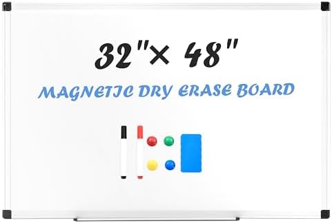 Simple Deluxe Magnetic Dry Erase Board 48" x 32" Whiteboard, 1 Dry Eraser & 2 Multicolor Markers & 4 Magnetic Pins, Silver Reinforced Aluminum Frame for Home, School, Office