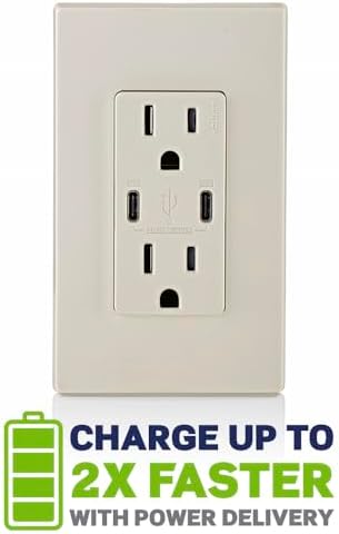 Leviton 30W (6A) USB Dual Type-C/C Power Delivery In-Wall Charger with 15A Tamper-Resistant Outlet, USB Charger for Smartphones, Tablets, Laptops, T5635-T, Light Almond
