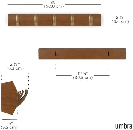 Umbra Flip Coat Rack, Wall Mounted 5-Hook Space Saving, Walnut/Gold