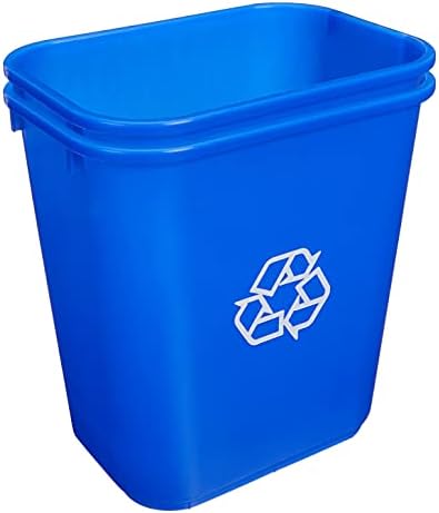 Amazon Basics Rectangular Commercial Office Recycling Wastebasket with Recycle Logo, Easy to Clean, 7 Gallon, Blue, Pack of 2
