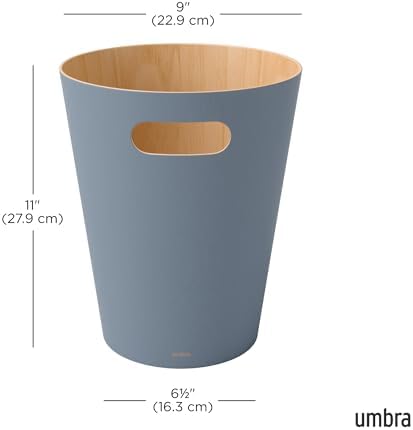 Umbra Woodrow Trash Can, Wooden Wastebasket, 2 Gallon, Slate Blue