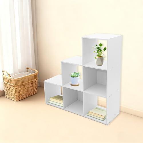 3-Tier Stepped Bookshelf, 6 Cube Storage Organizer, Freestanding Ladder Bookcase, L-Shaped Corner Shelf, Room Divider Shelf, 35.4" Tall Modern Display Shelf for Home Office Living Room