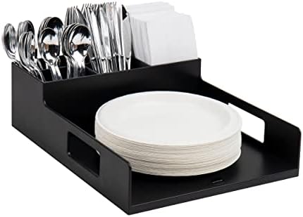 Mind Reader Utensil Napkin and Plate Organizer Tray, Countertop Caddy with 7 Compartments, Holds Plates up to 10.5 Inches, Breakroom and Buffet Organizer, Plastic, Black