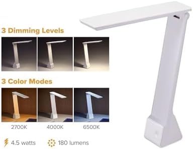 Bostitch Office KT-VLED1810-WHITE Powered Rechargeable Battery LED Desk Lamp, 3 Color Temperatures, Flip Open, White