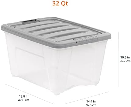 Amazon Basics Plastic Storage Containers with Secure Latching Lids, Stackable Organization Bins, Clear/Grey, 32 Quart, Set of 6