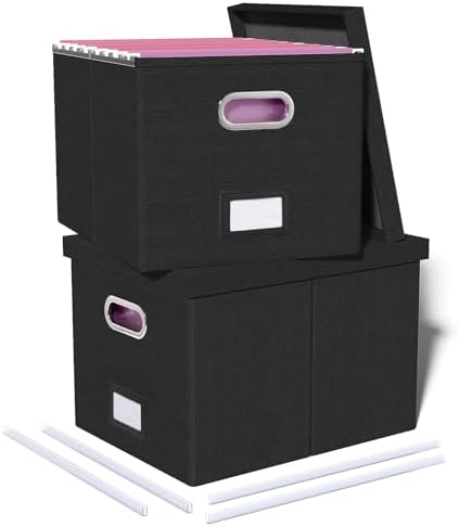 Oterri 2 Pack File Storage Organizer, Filing Box, Portable File Box with Lid, Fit for Letter/Legal File Folder Storage, Document Organizer, Black