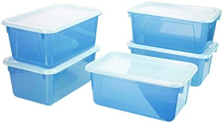 Storex Small Cubby Bins – Plastic Storage Containers for Classroom with Non-Snap Lid, 12.2 x 7.8 x 5.1 inches, Tint Teal, 5-Pack (62486A05C)