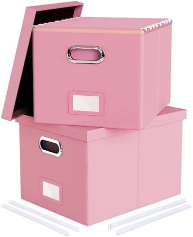 Oterri 2 Pack File Storage Organizer Box,Filing Box,Portable File Box with Lid,Fit for Letter/Legal File Folder Storage, Pink(Leather)-Box only