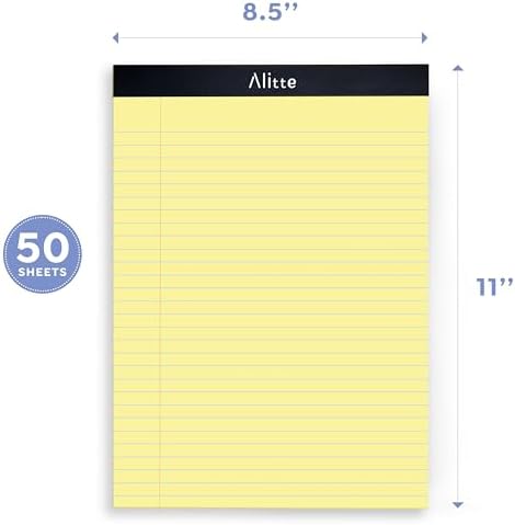 Alitte Yellow Legal Notepads 8.5 x 11, Pack of 12 - Perforated Wide Ruled Writing Pad - Premium Thick Paper, No Ink Bleeding - Blank Legal Pads For Home, Office, School, Business - 50 Sheets Per