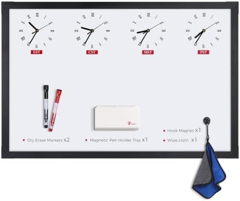 TOWON U.S. Time Zone Whiteboard 36x24 in, Black Solid Wood Frame
