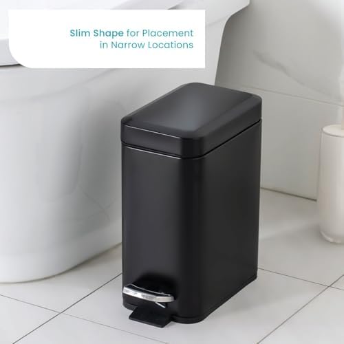 Home Zone Living 1.3 Gallon Small Bathroom Trash Can with Lid and Step Pedal, Stainless Steel Wastebasket with Slim Design for Home and Office, Matte Black, 5 Liters