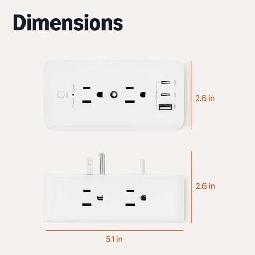 Amazon Basics Wall Mount Surge Protector Power Strip with 9-in-1 Hub, 1080 Joules, 6 AC Outlets, 1 USB-A and 2 USB-C (20W Fast Charging), White