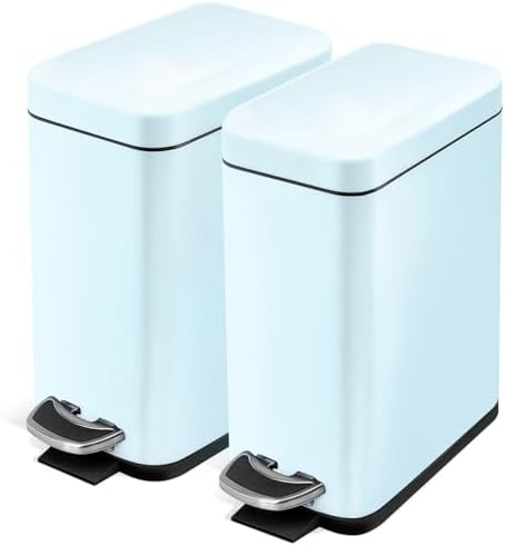 Home Zone Living 2-Pack 1.3 Gallon Small Powder Blue Bathroom Trash Can with Lid and Step Pedal, Stainless Steel Wastebasket with Slim Design for Home and Office, 5 Liters