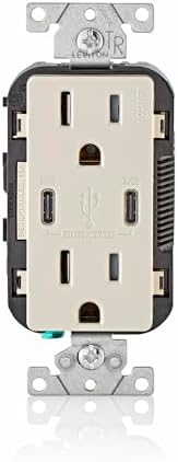 Leviton 30W (6A) USB Dual Type-C/C Power Delivery In-Wall Charger with 15A Tamper-Resistant Outlet, USB Charger for Smartphones, Tablets, Laptops, T5635-T, Light Almond