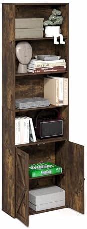 Furinno Jensen 6-Tier Farmhouse Style Book Shelf with Doors, Amber Oak