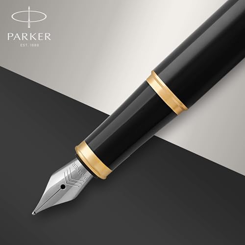 Parker IM Fountain Pen, Black Lacquer with Gold Trim, Fine Nib - Includes Blue Ink Refill and Elegant Gift Box
