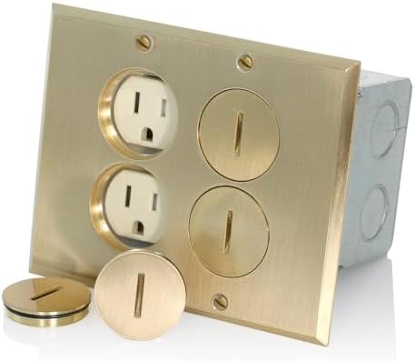 Leviton 2-Gang Duplex Receptacle Floor Box Assembly, Tamper-Resistant, Brass Finish, 15-Amp, 125V, 35249-TFB
