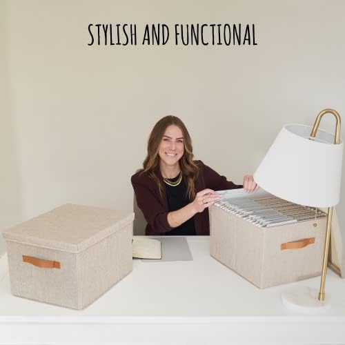 Decorative File Organizer Box Set of 2 - Collapsible Linen Filing Cabinets | Stores Documents and Hanging File Folders - Portable Office Crates with Lid and Handles for Easy Slide Access