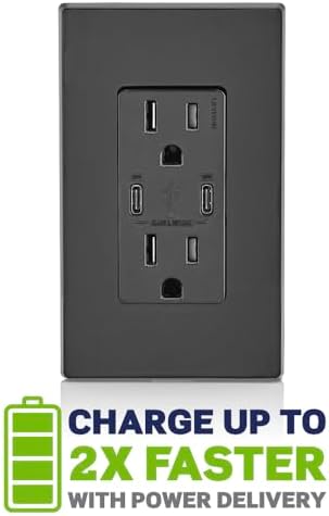 Leviton 30W (6A) USB Dual Type-C/C Power Delivery In-Wall Charger with 15A Tamper-Resistant Outlet, USB Charger for Smartphones, Tablets, Laptops, T5635-E, Black
