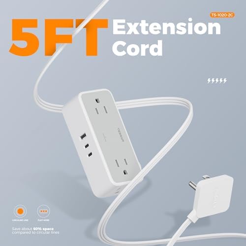 TESSAN Extension Cord 5 FT, Power Strip with 900J Surge Protection, Grey