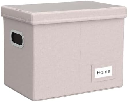 PRANDOM File Organizer Box - Set of 1 Collapsible Decorative Linen Filing Storage Hanging File Folders with Lids Office Cabinet Letter Size Light Grey (14x9.3x10.8 inch)