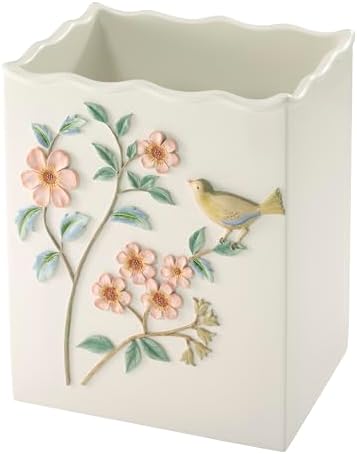 Avanti Linens – Wastebasket, Embossed Hand-Painted Resin with Scalloped Edge, Nature-Inspired Home Decor – Perfect for Bathroom, Bedroom or Office (Pretty Birds)