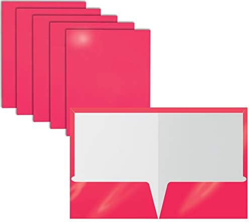 Better Office Products 2 Pocket Glossy Laminated HOT Pink Paper Folders, Letter Size, 25 Pack, Portfolios Box of 25