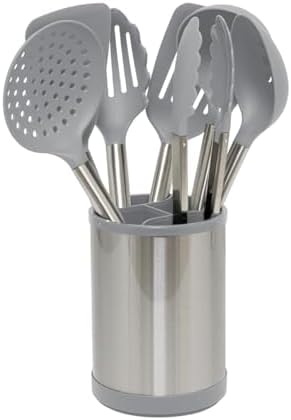 Glad Kitchen Utensils Set, 8pcs - Nonstick Cooking Tools with Stainless Steel Handles & Rotating Utensil Holder - Turners, Ladle, Spoon, Tongs, Spaghetti Server, and Skimmer - Dishwasher Safe, Grey
