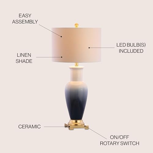 JONATHAN Y Dip Dye 31.5" Ceramic Metal Bedside Table Lamp, White/Navy